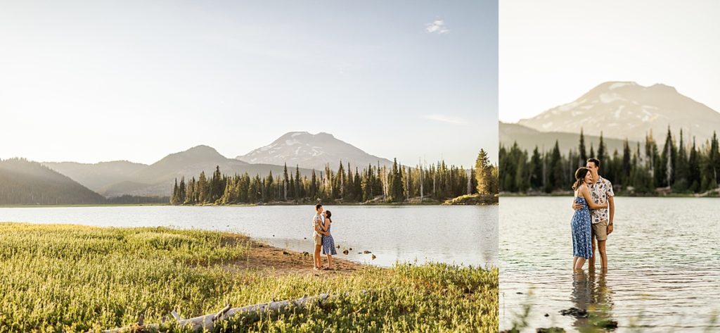Sparks Lake Engagement - couple in the lake with mountain in background